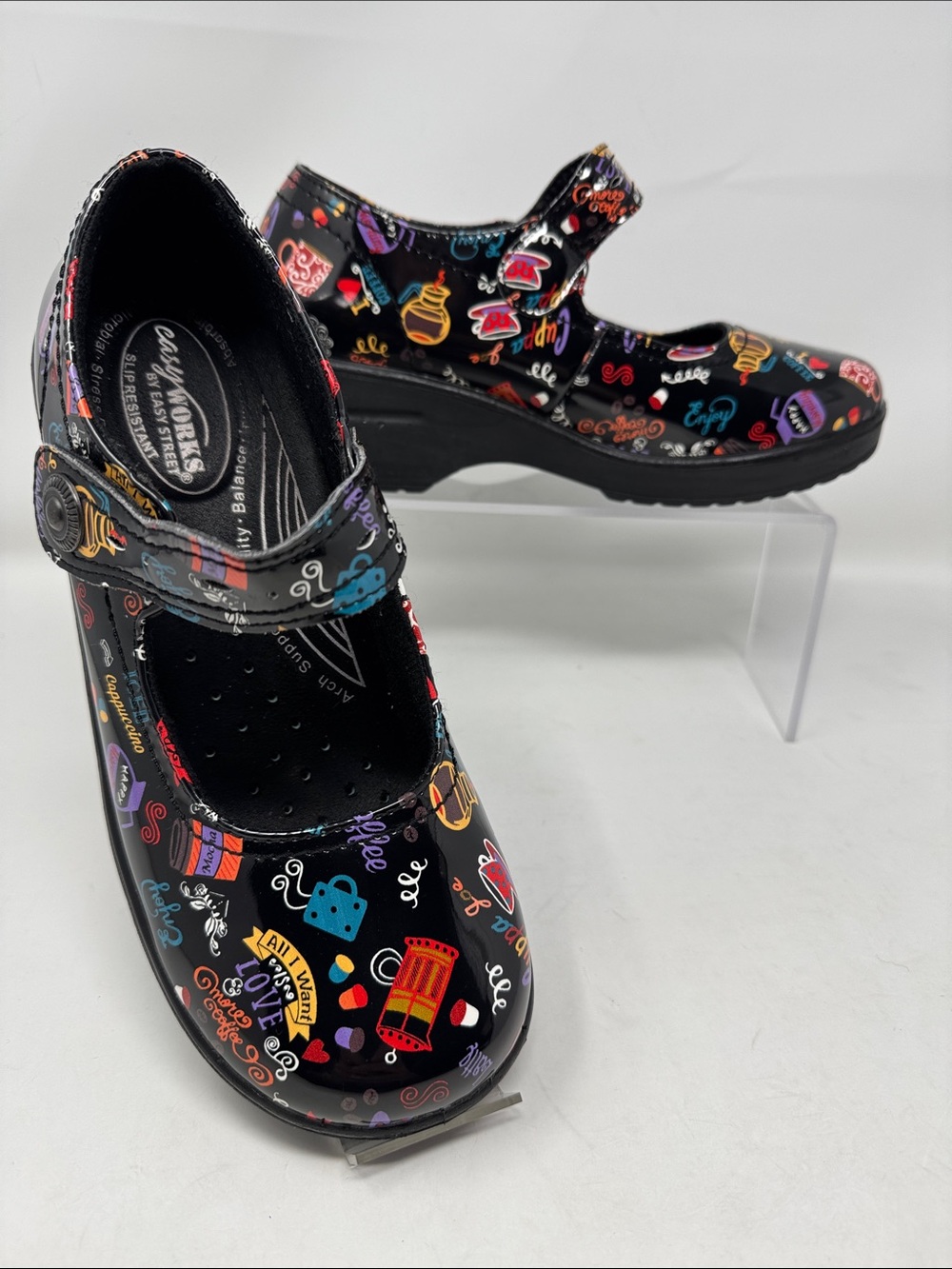 Easy Works by EASY STREET Black/Multi Coffee Lovers Mary Jane Comfort Shoes 9M